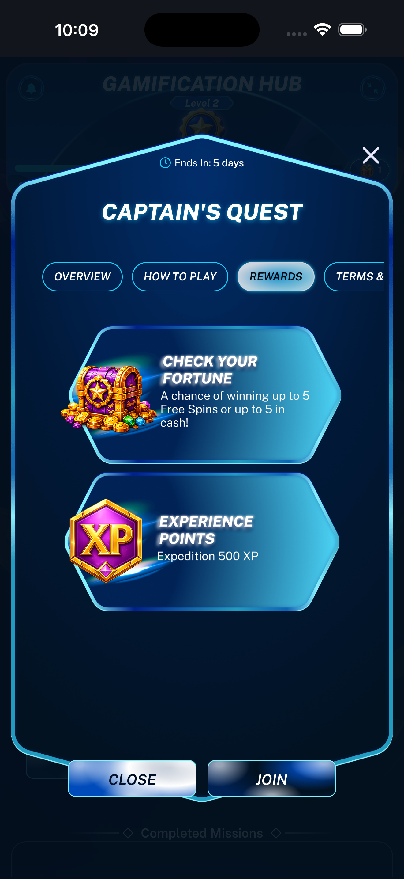 Mission Rewards tab displayed on a mobile phone